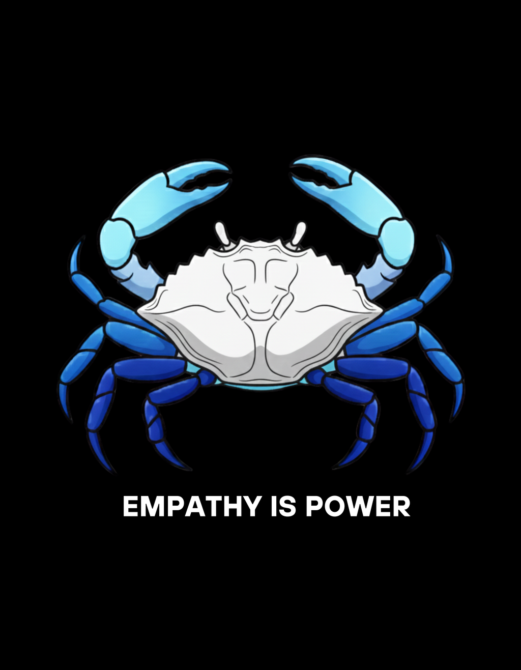 Blue crab illustration with 'Empathy is Power' text on a black background