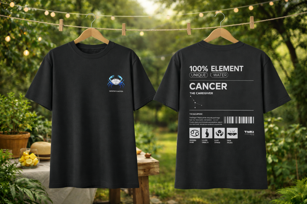 Black t-shirt with a design on a hanger against a natural background