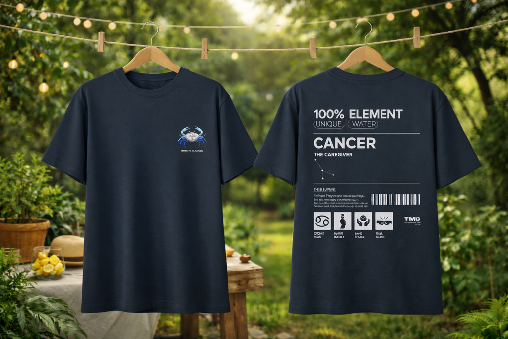 Navy blue t-shirt with a graphic design on the front and text on the back, hanging outdoors.