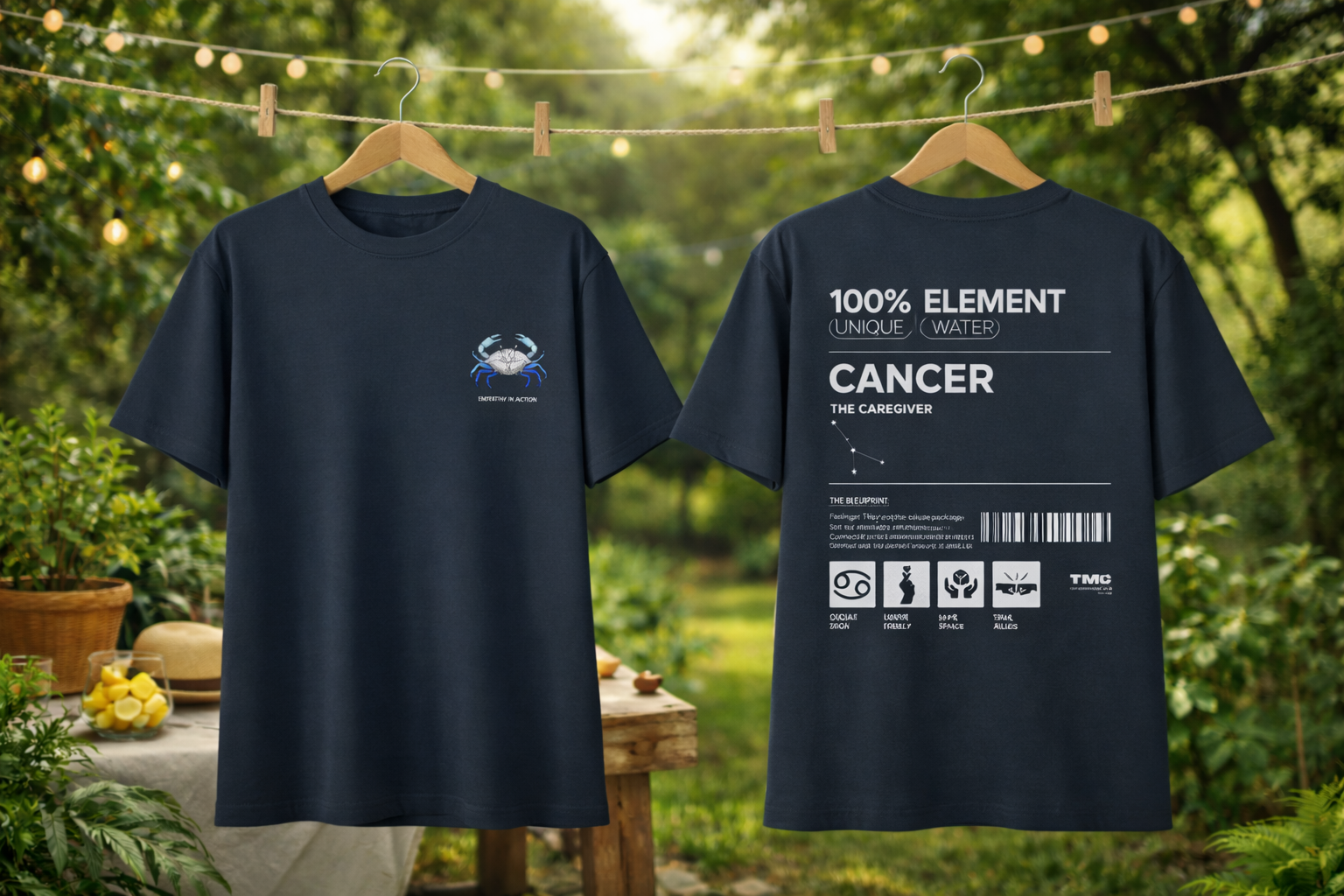 Navy blue t-shirt with a graphic design on the front and text on the back, hanging outdoors.