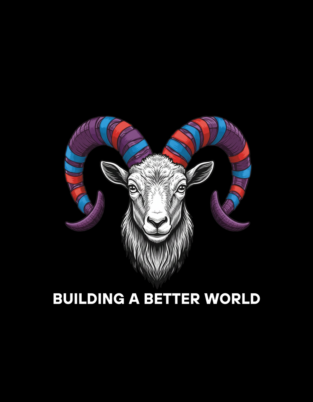 Goat with colorful horns and 'Building a Better World' text on a black background