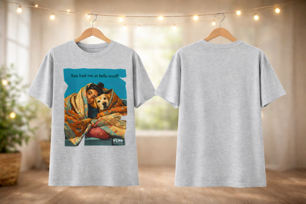 Gray t-shirt with a graphic of a bear and text on a hanger against a neutral background.