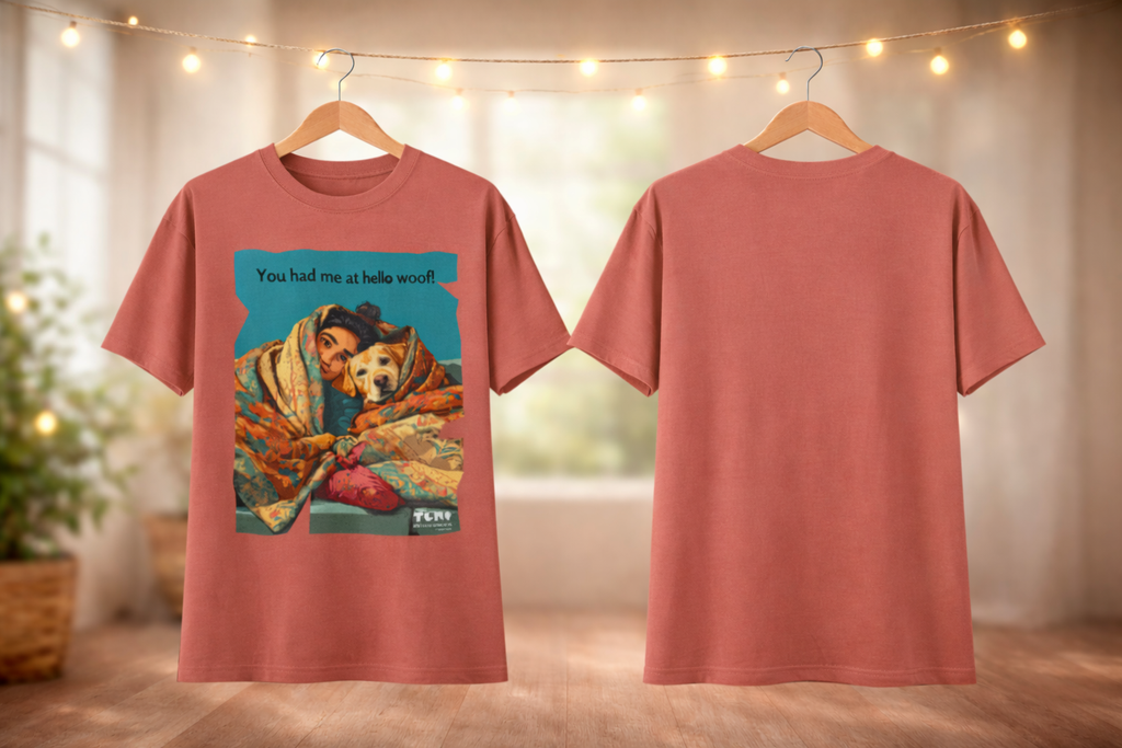 Red t-shirt with a graphic of a woman and dog on a hanger against a neutral background.