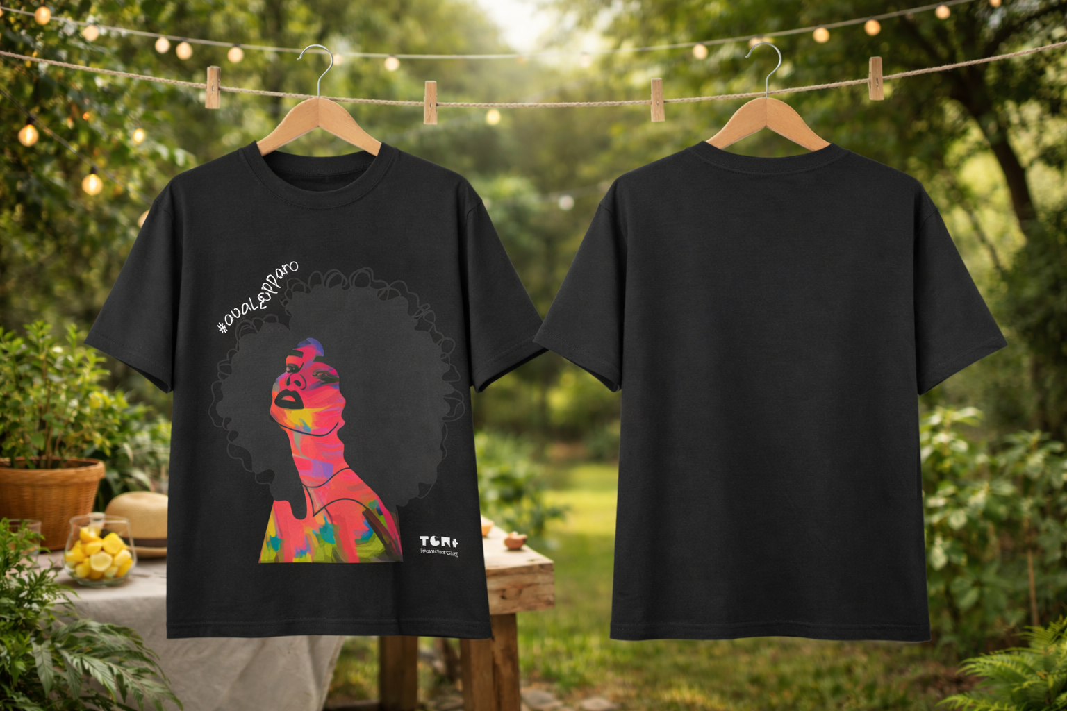 Black t-shirt with colorful graphic design on a hanger against a natural background