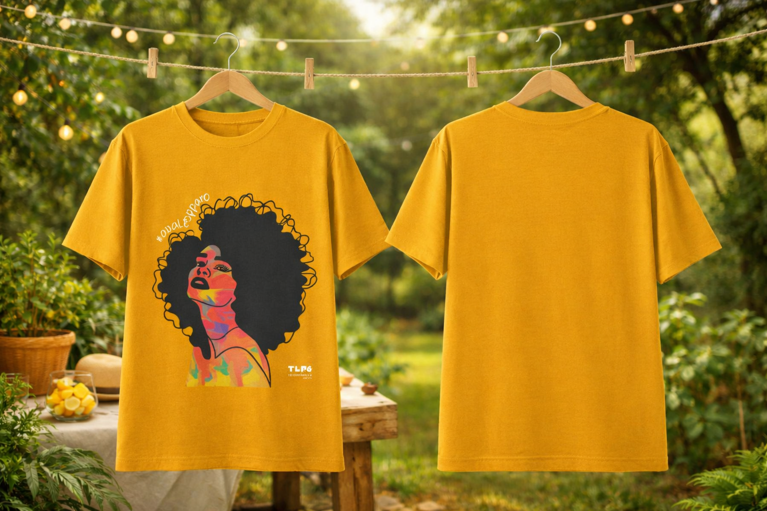 Yellow t-shirt with a colorful graphic of a woman with an afro on a hanger against a natural background.