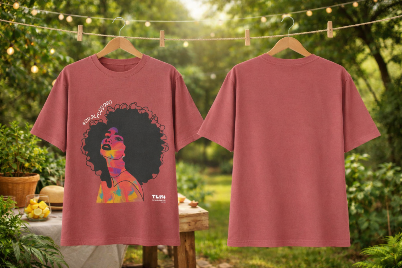 Pink t-shirt with a colorful graphic of a woman with an afro on a hanger against a natural background.