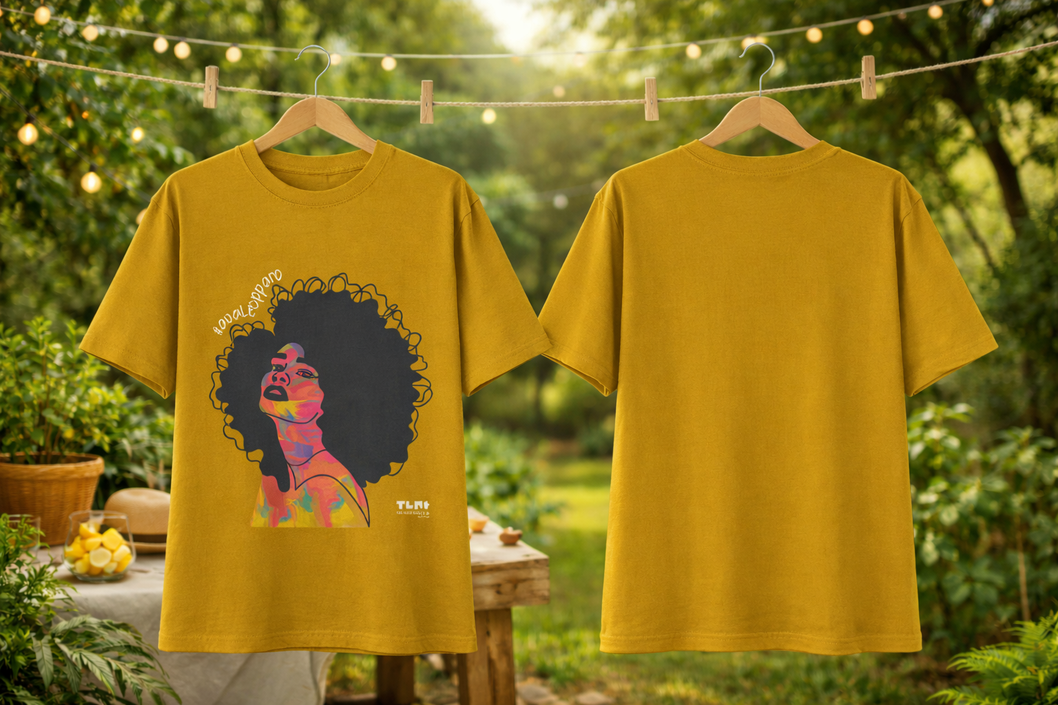 Yellow t-shirt with a colorful graphic of a woman with an afro on a hanger against a natural background.