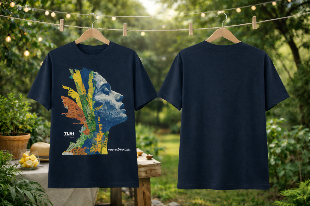 Navy blue t-shirt with colorful graphic design on a hanger against a natural background.