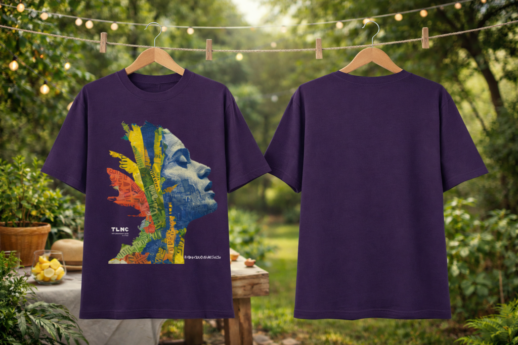 Purple t-shirt with colorful graphic design on a hanger against a natural background