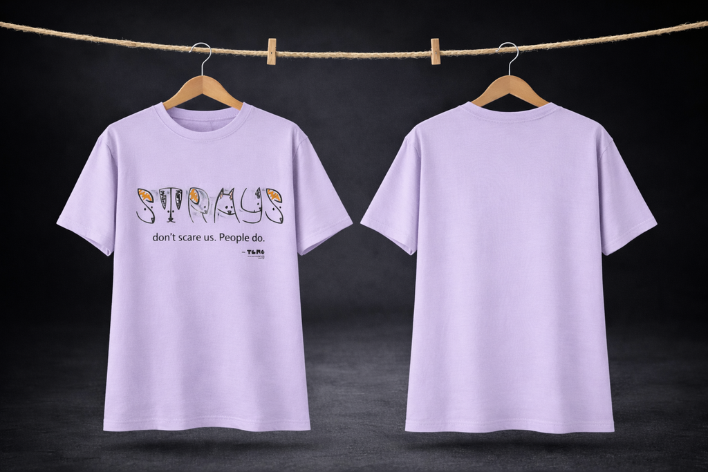 Light purple t-shirt with text design on a dark background