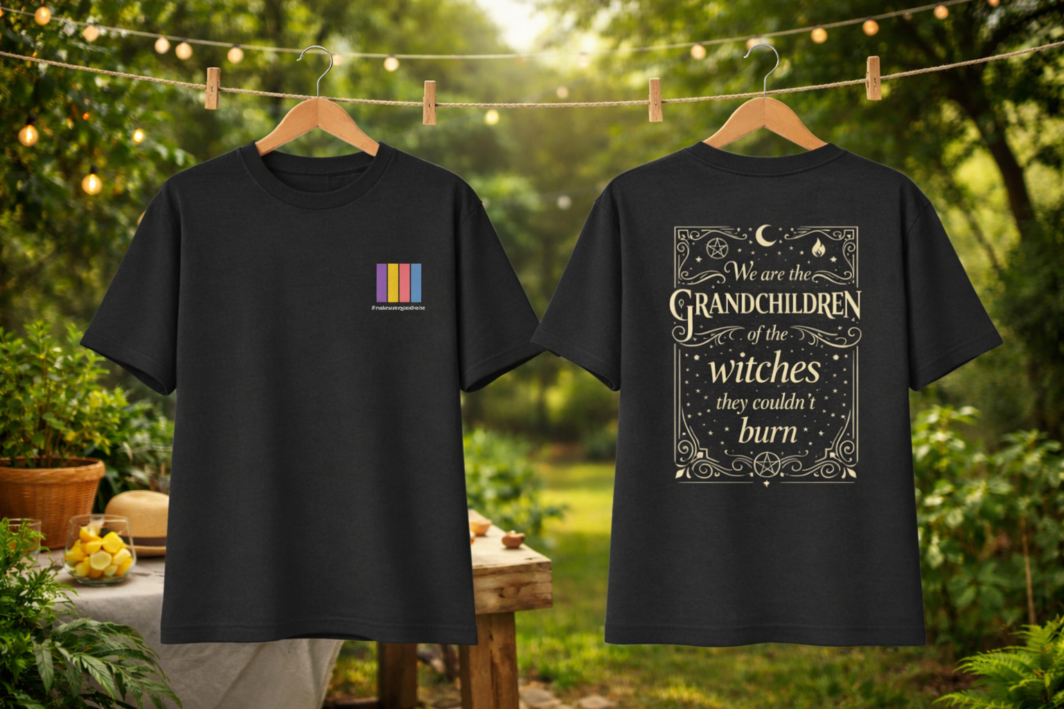 Two black t-shirts with different designs hanging outdoors on a sunny day.