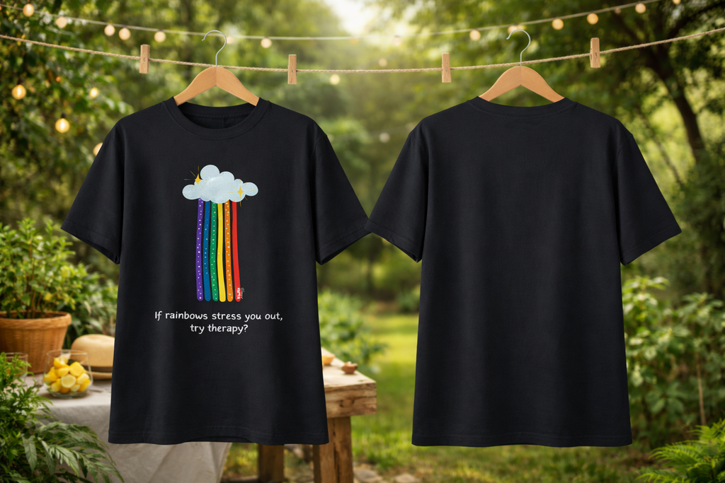 Black t-shirt with rainbow and cloud design on a hanger against a natural background