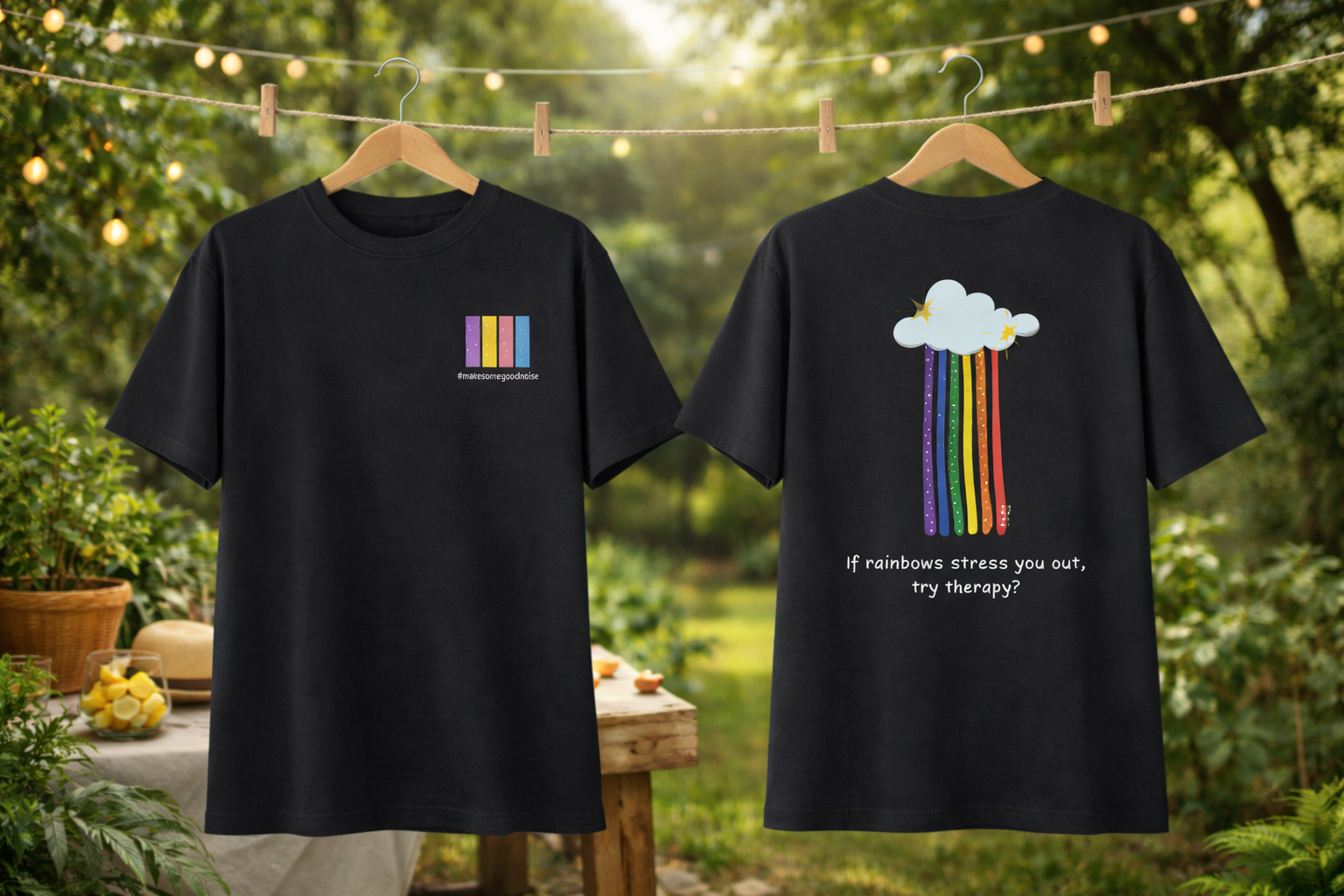 Two black t-shirts with colorful designs hanging outdoors on a clothesline.