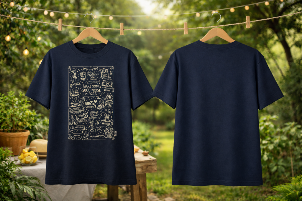 Navy blue t-shirt with a graphic design on a hanger against a natural background