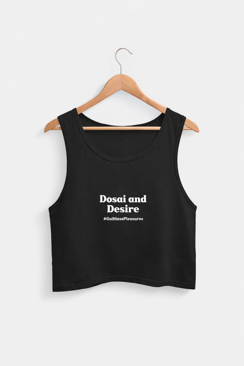 Black tank top with text on a hanger against a white background
