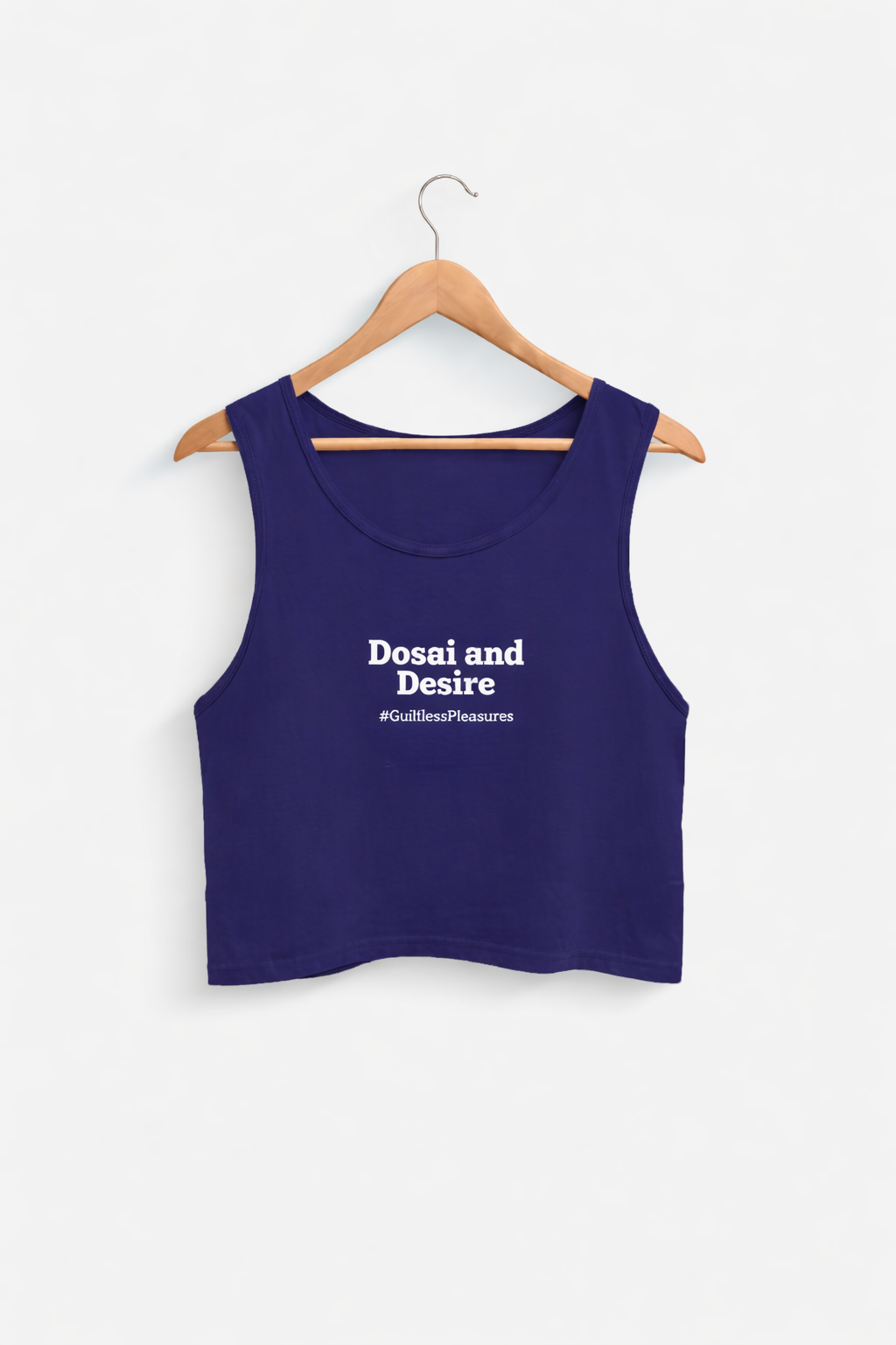 Purple tank top with text on a hanger against a white background