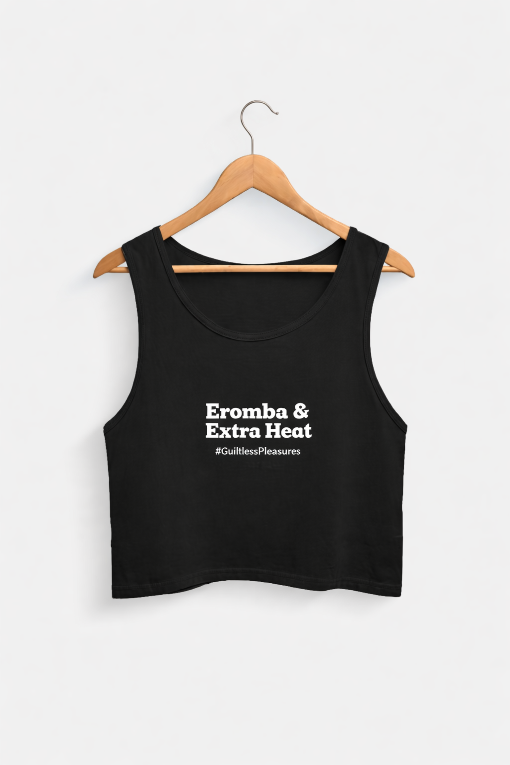 Black tank top with text on a hanger against a white background