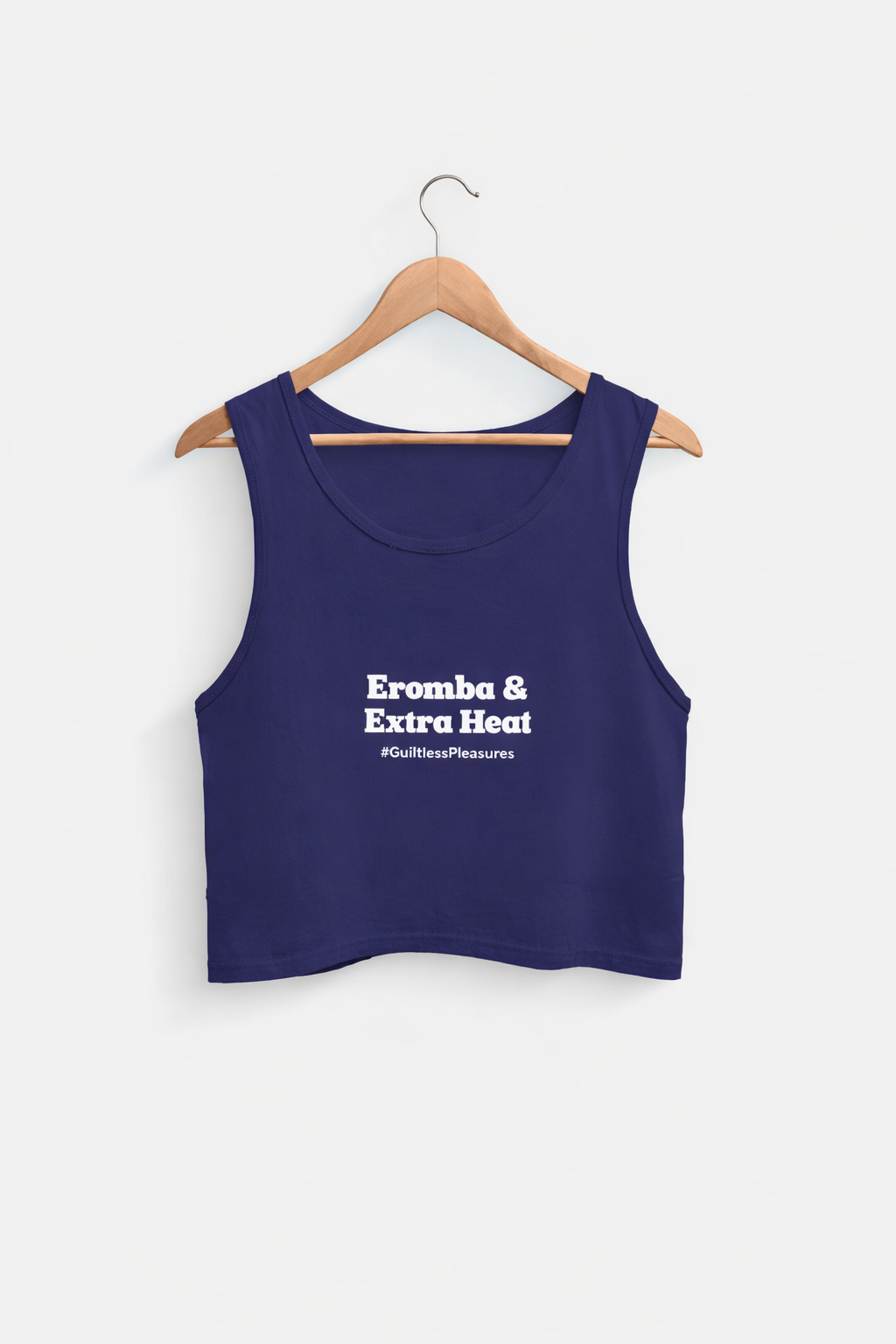 Navy blue tank top with white text on a white background