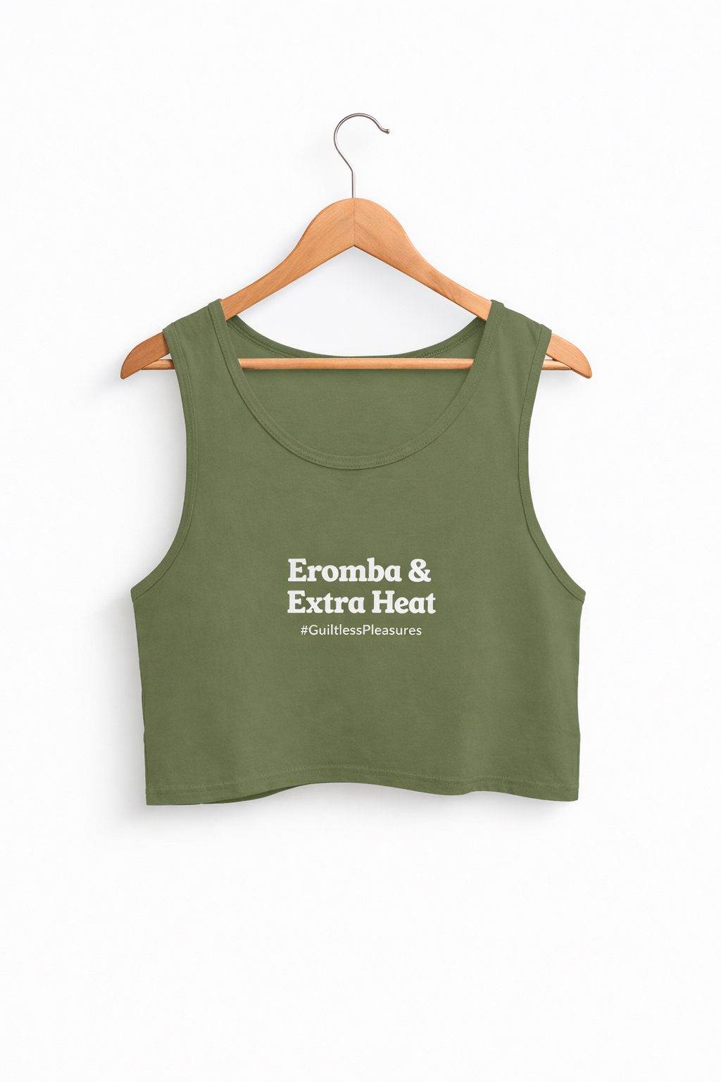 Green tank top on a hanger with text 'Eromba & Extra Heat' on a white background