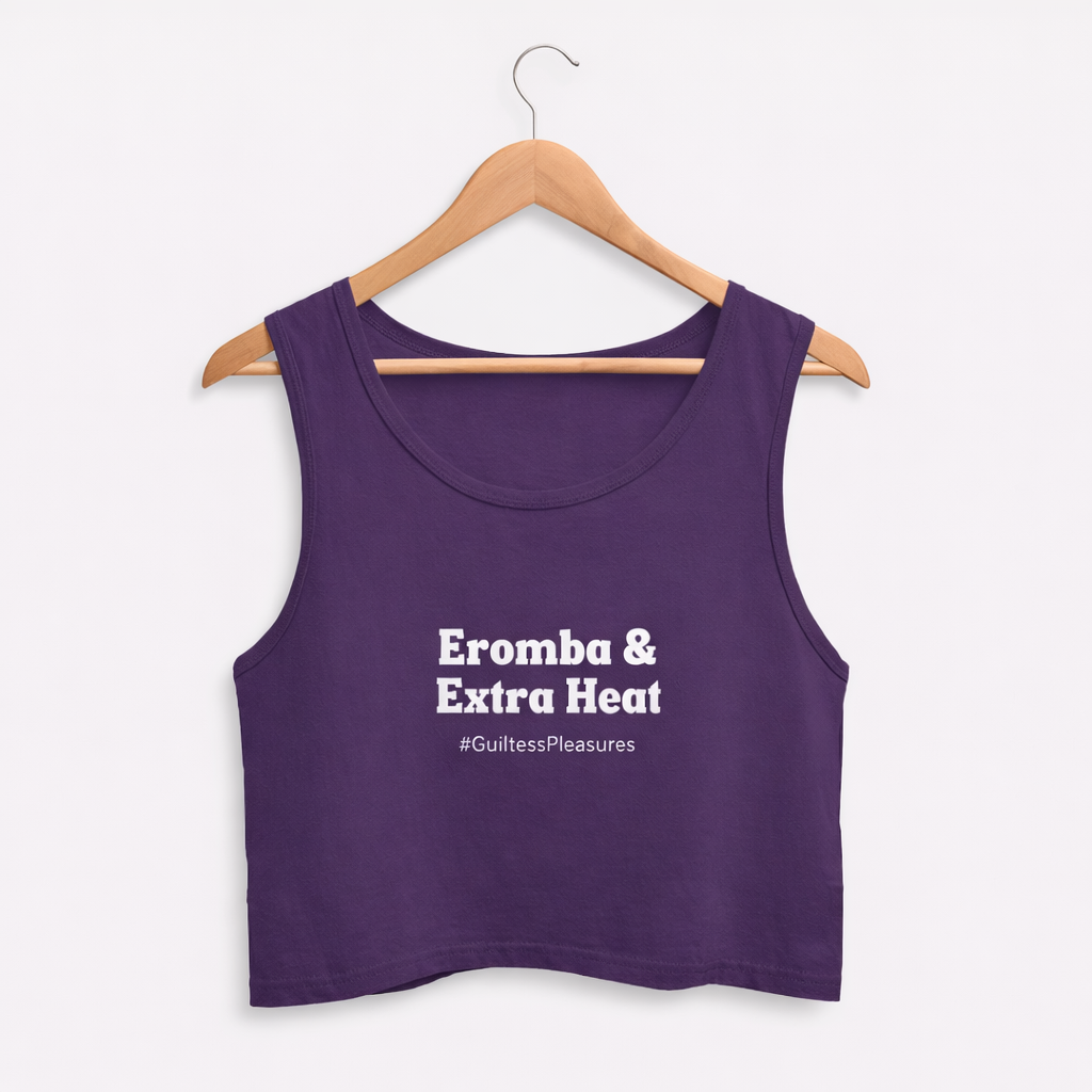 Purple tank top with text on a hanger against a white background