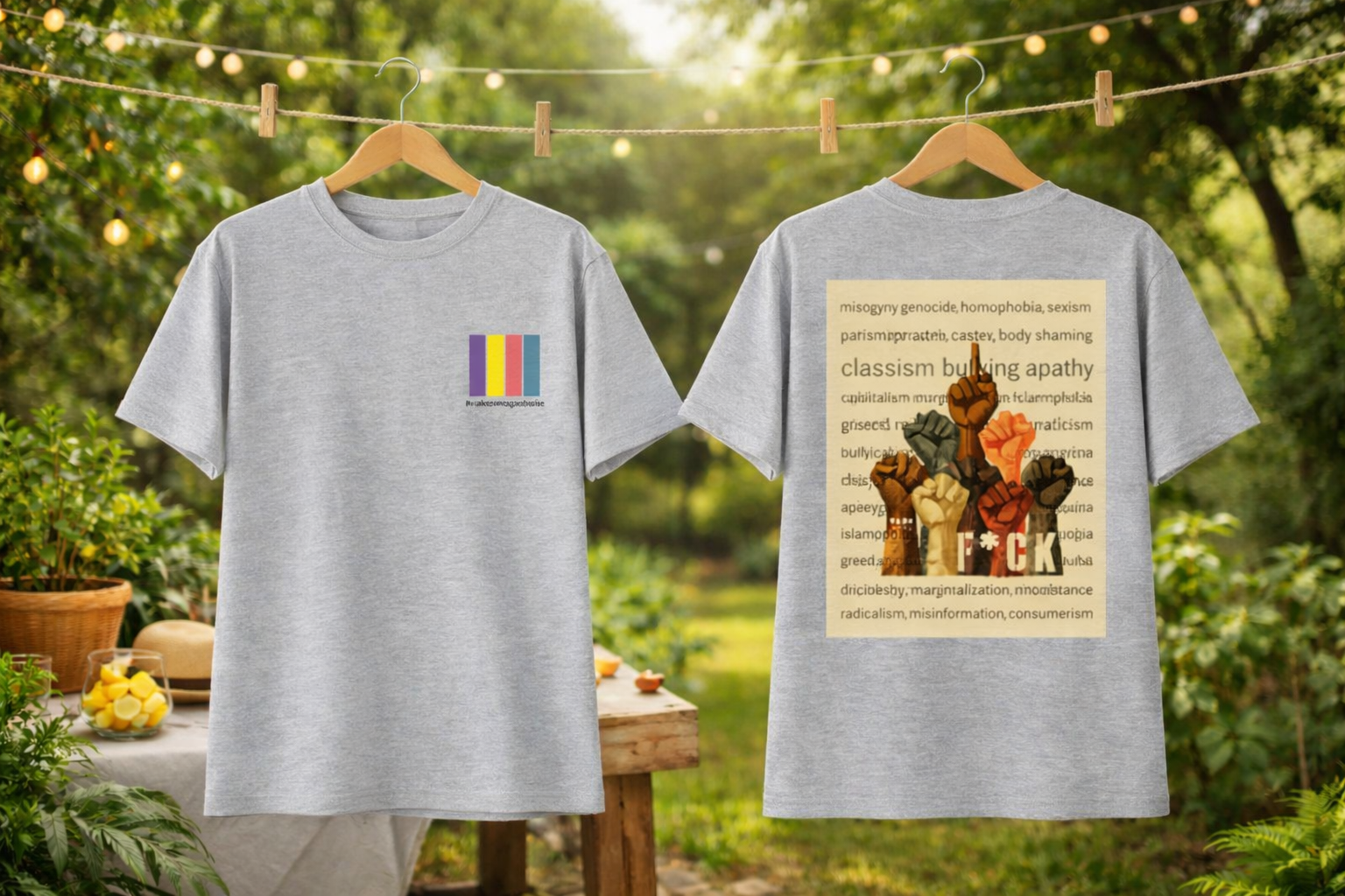 Two gray t-shirts with colorful designs on hangers against a natural background.