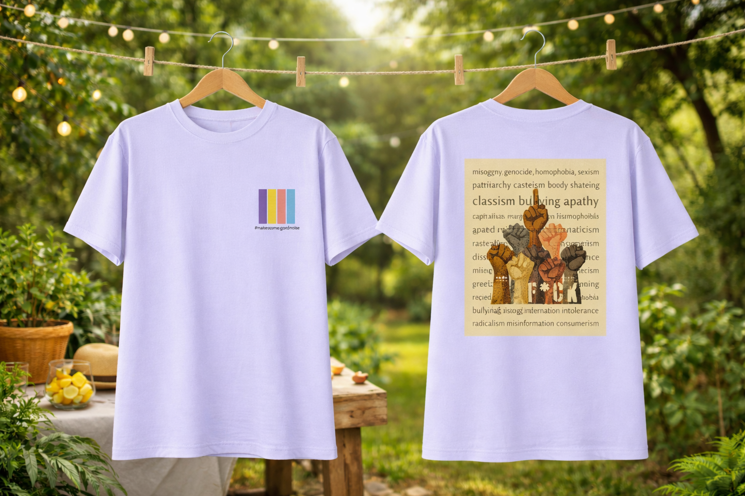 Two white t-shirts with colorful designs on hangers against a natural background.