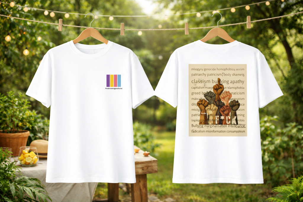 Two white t-shirts with colorful designs on hangers against a natural background.