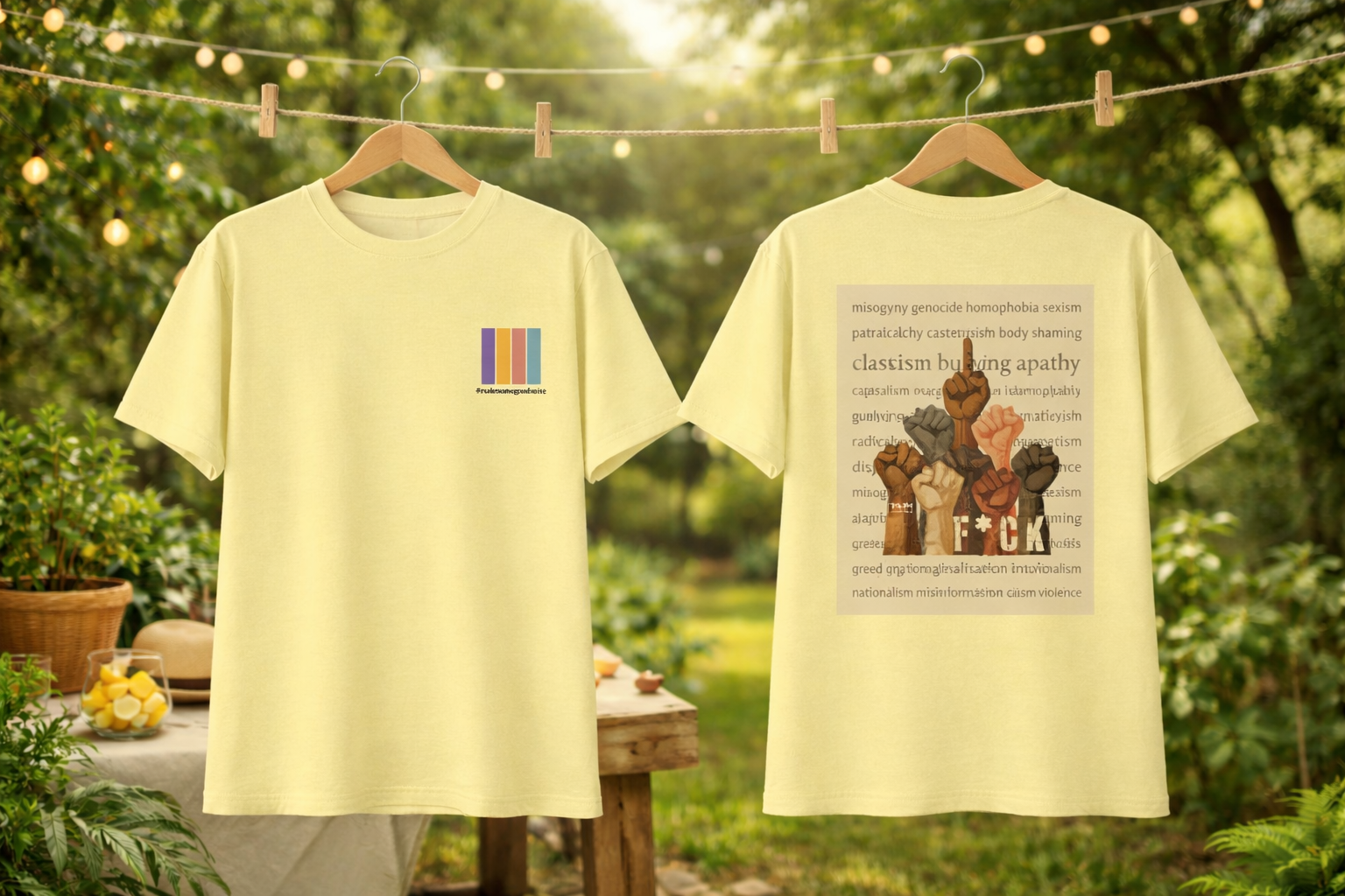 Two light yellow t-shirts with graphic designs on hangers against a natural background.