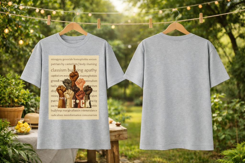 Gray t-shirt with artistic design and text on a hanger against a natural background