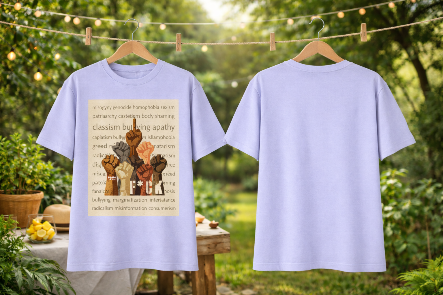 Two white t-shirts with text and graphics on a wooden table outdoors.