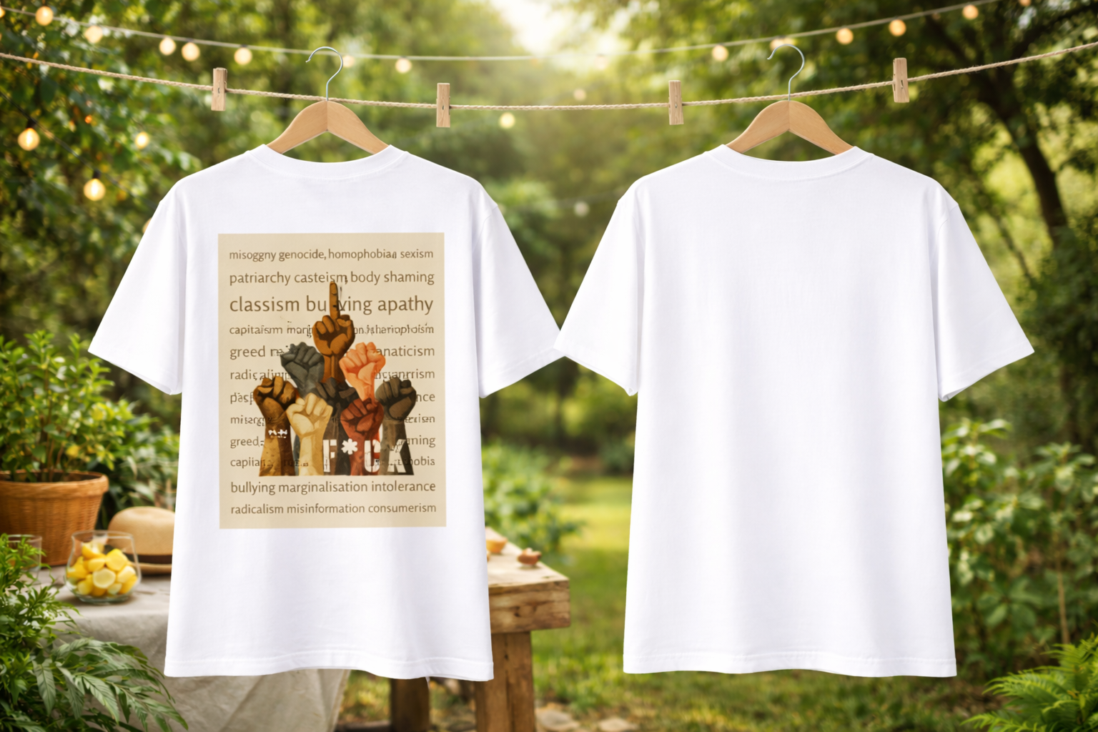 White t-shirts with printed designs on hangers against a natural background