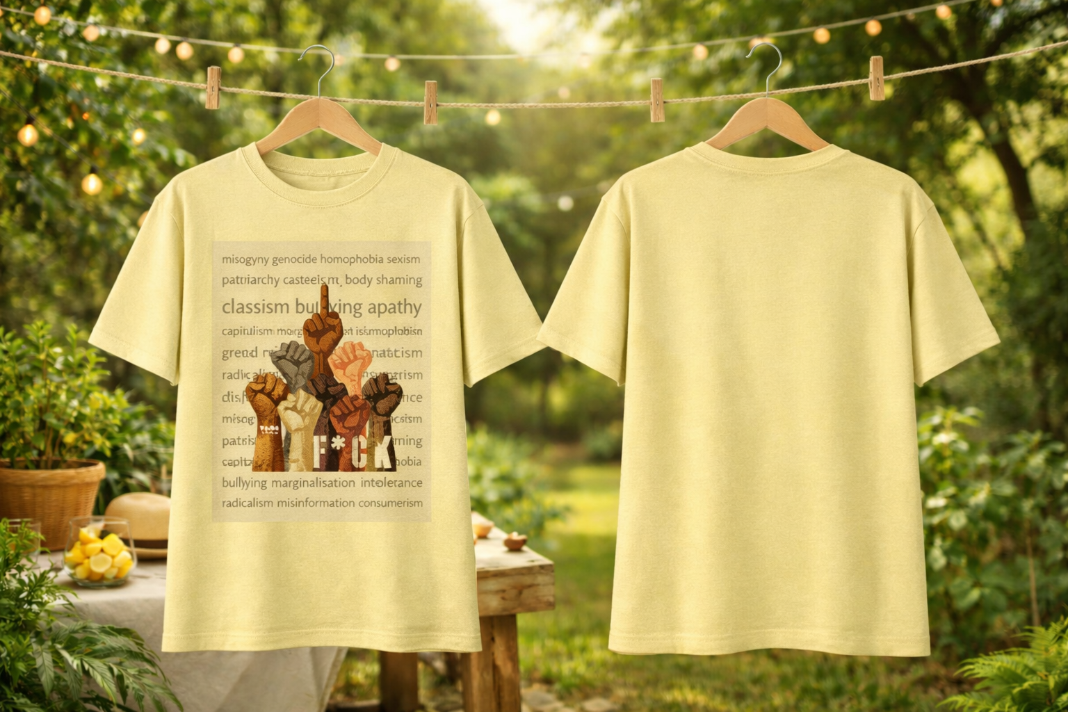 Two light-colored t-shirts on hangers with text and graphics against a natural background.