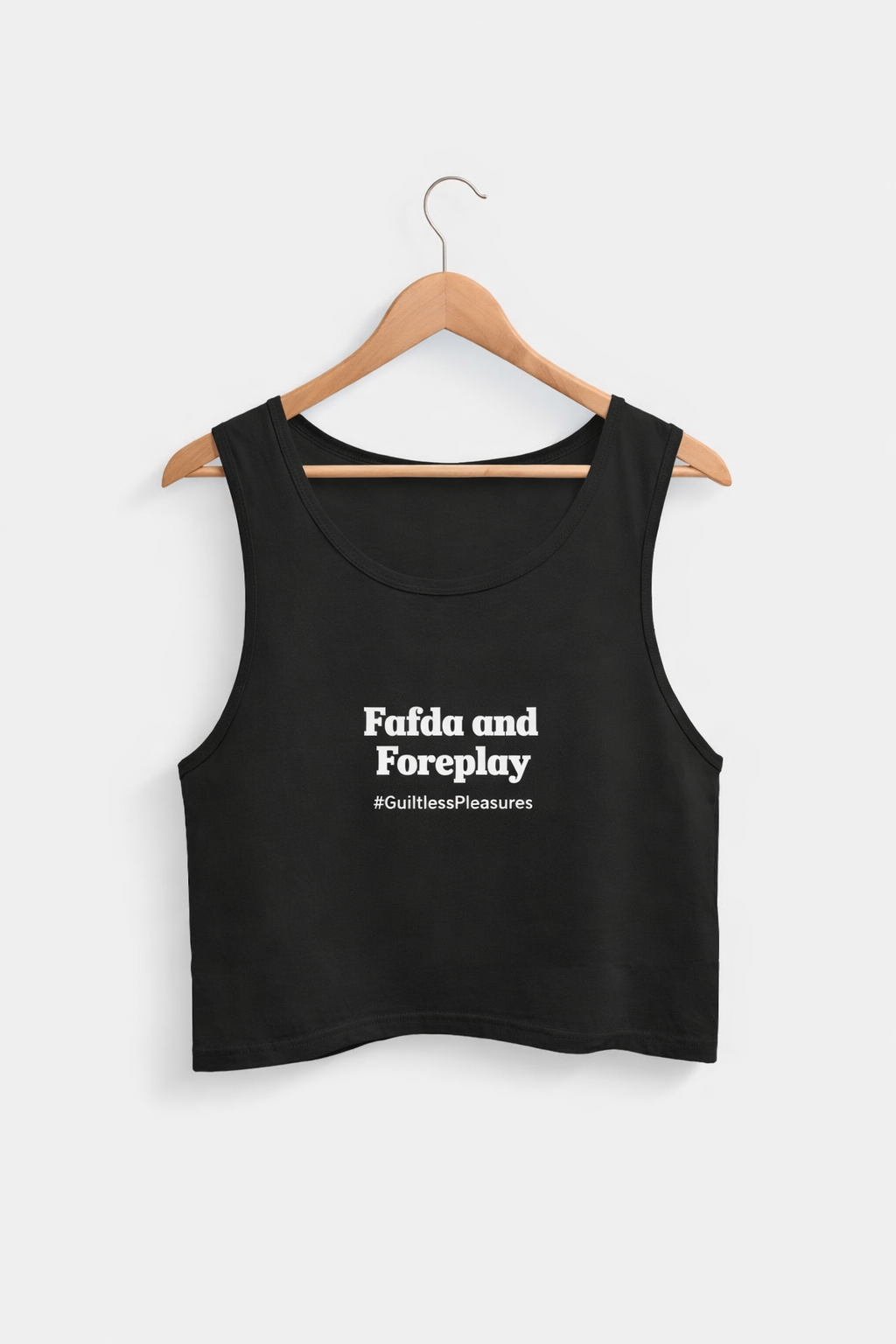 Black tank top with text on a hanger against a white background