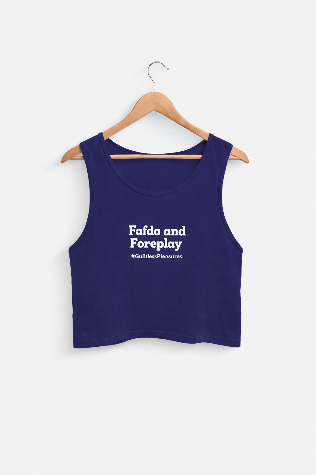 Navy blue tank top with white text on a hanger against a white background