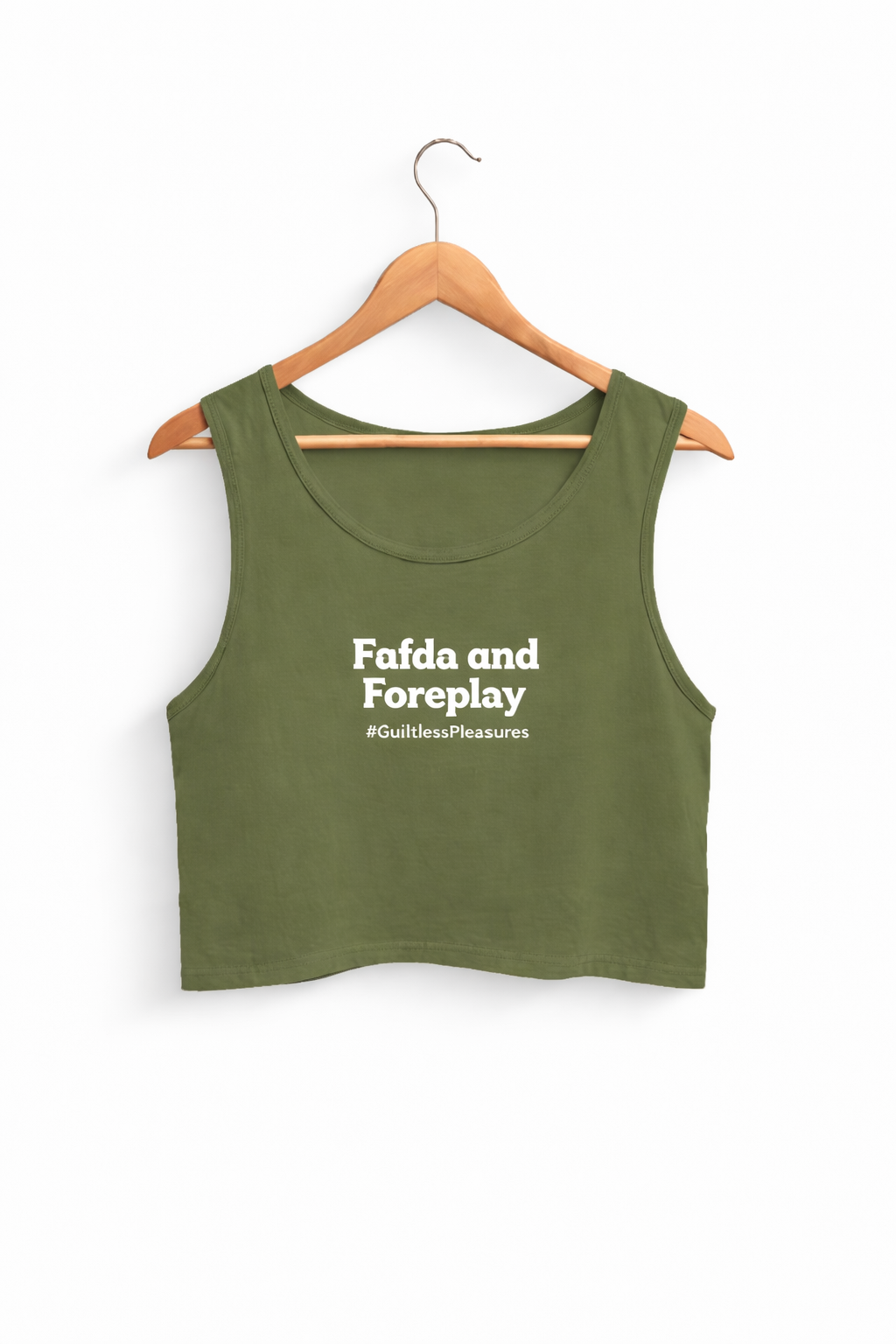 Green tank top with text on a hanger against a white background