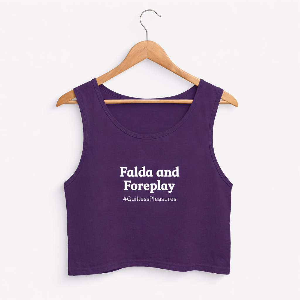 Purple tank top with text on a hanger against a white background