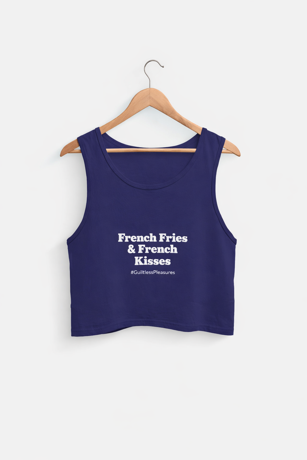 Navy blue tank top with 'French Fries & French Kisses' text on a white background