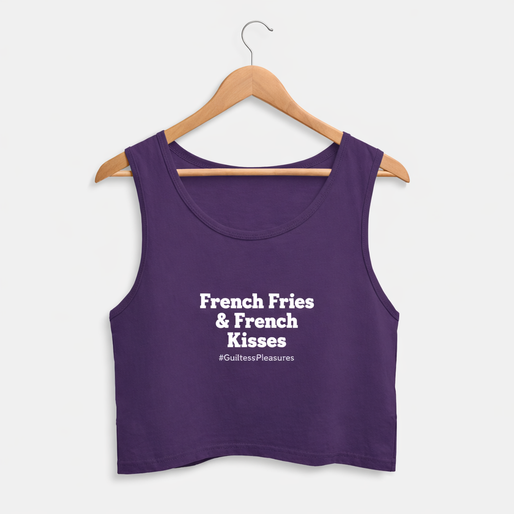 Purple tank top with text on a hanger against a white background