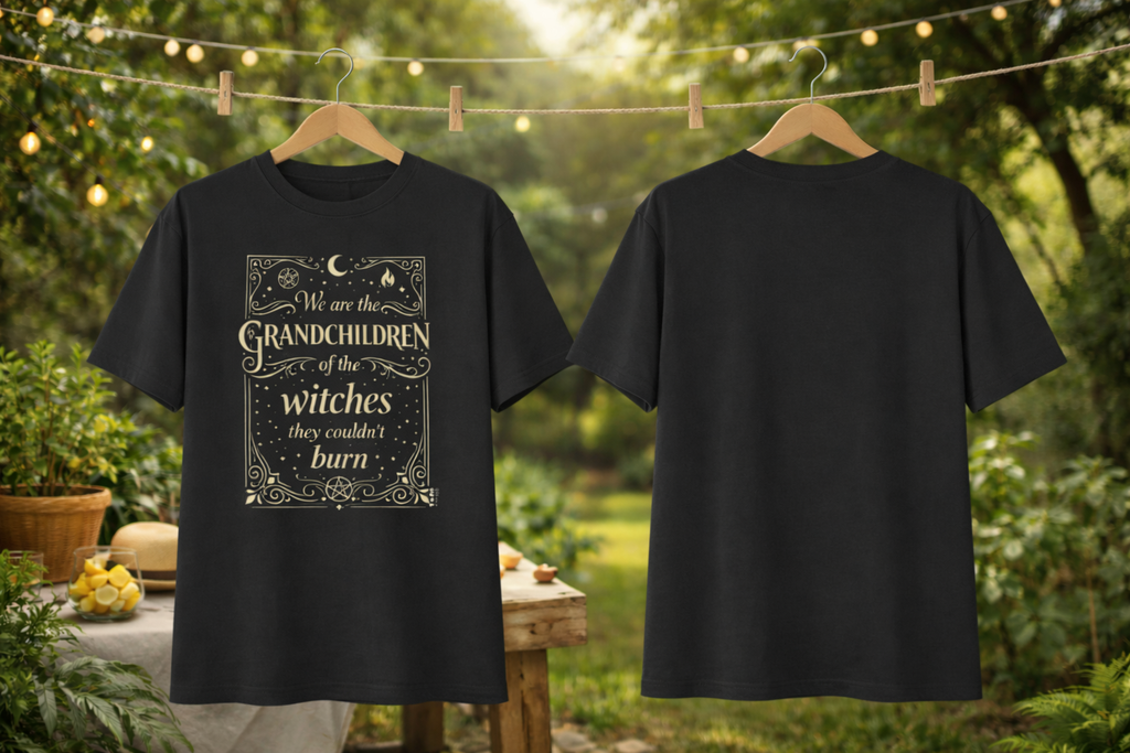 Black t-shirt with a printed design on a hanger against a garden background