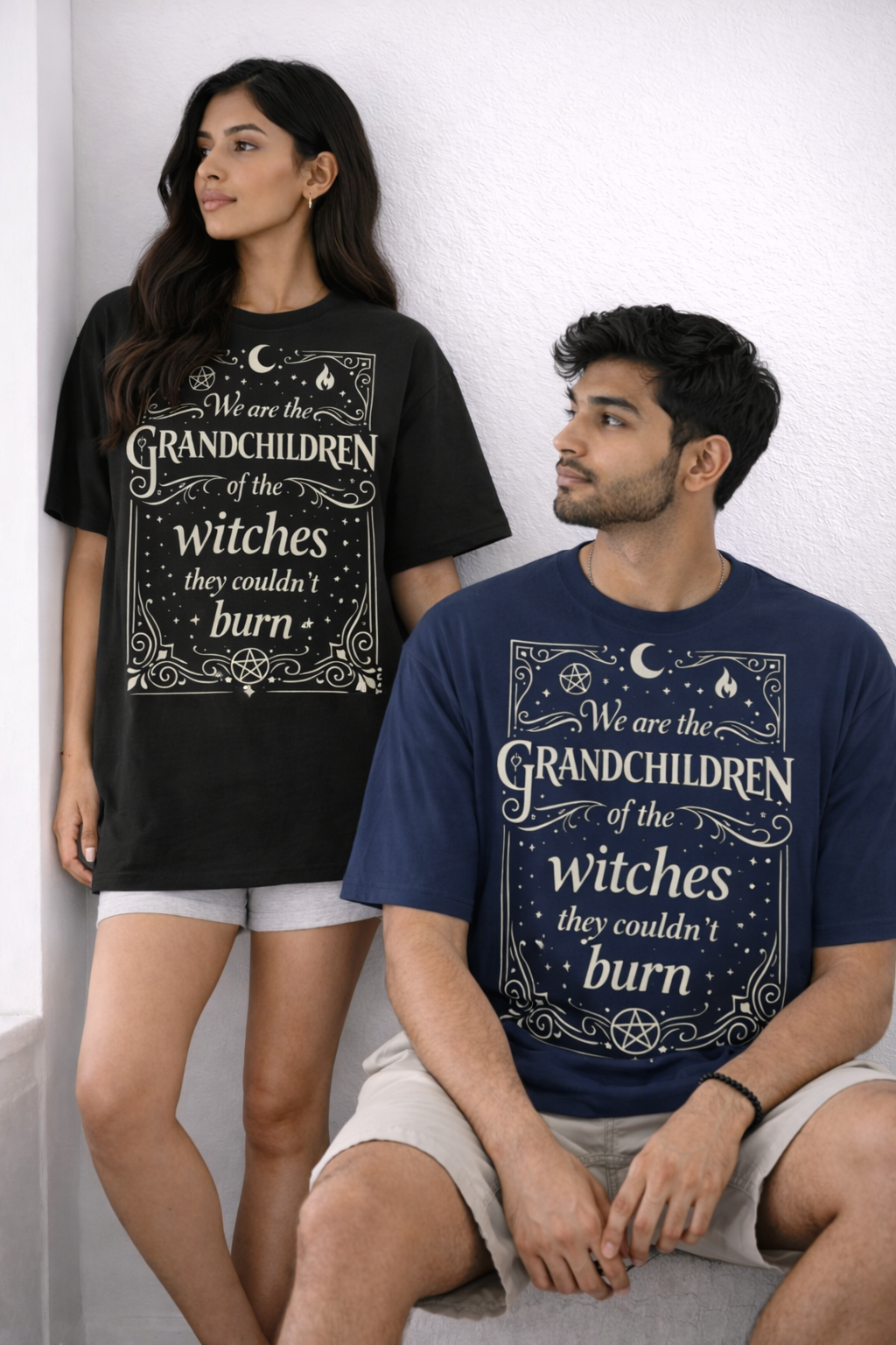 Two people wearing t-shirts with a humorous design about being grandchildren of witches.