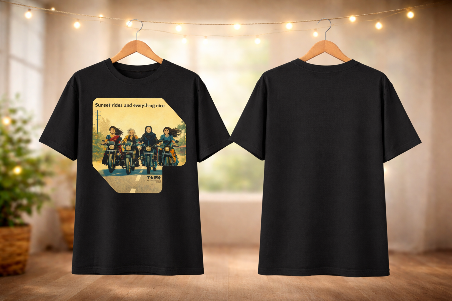 Black t-shirt with a graphic design on a hanger against a neutral background