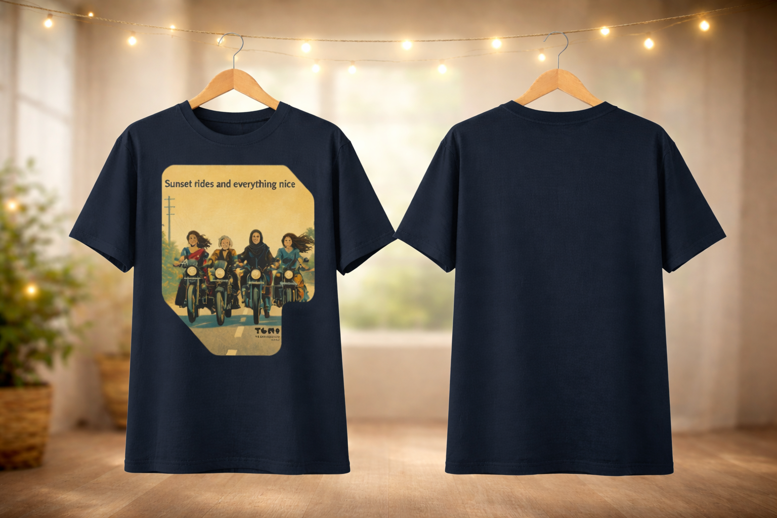 Navy blue t-shirt with a graphic design of people on motorcycles and text, displayed on hangers against a neutral background.