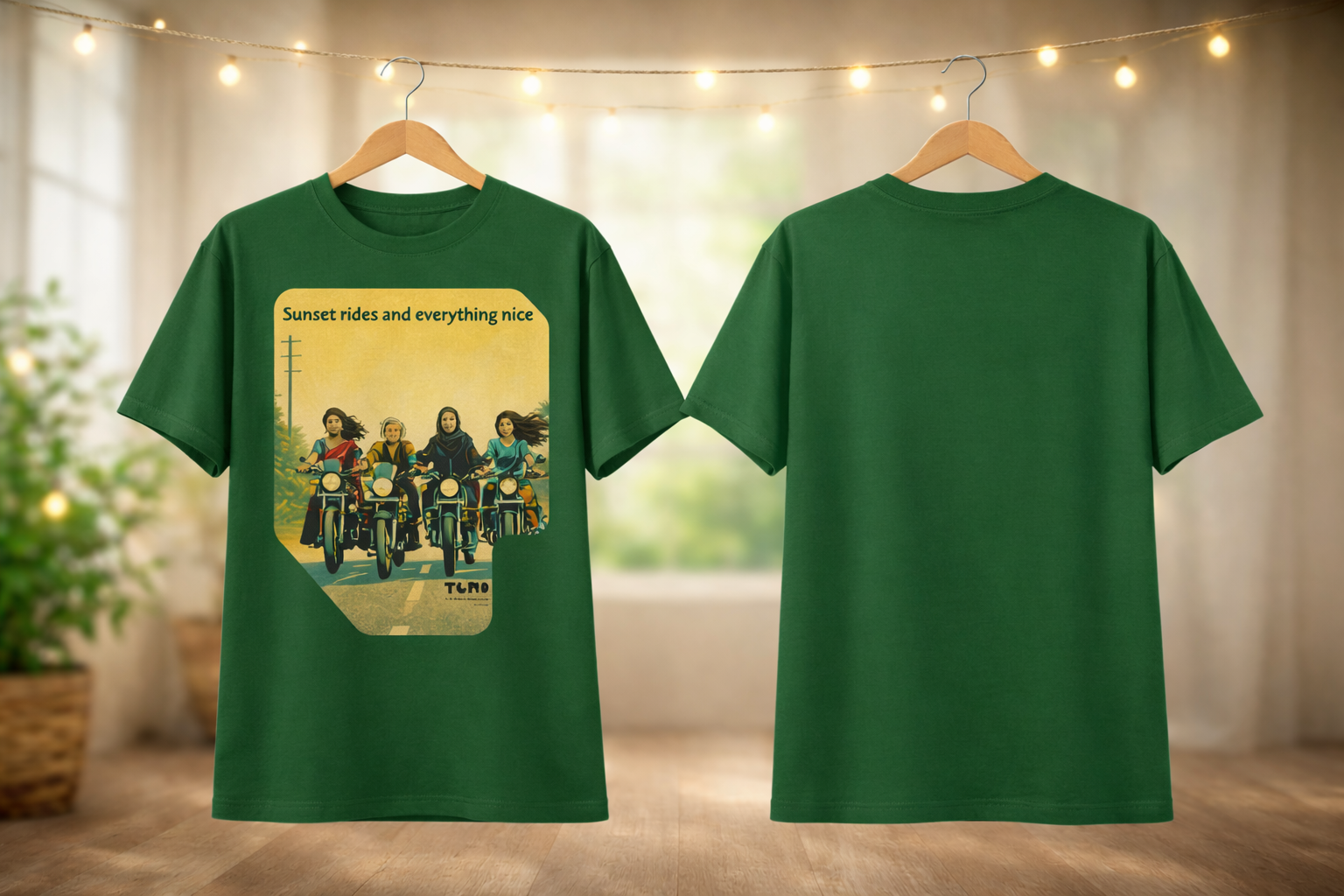 Green t-shirt with a graphic design on a hanger against a neutral background