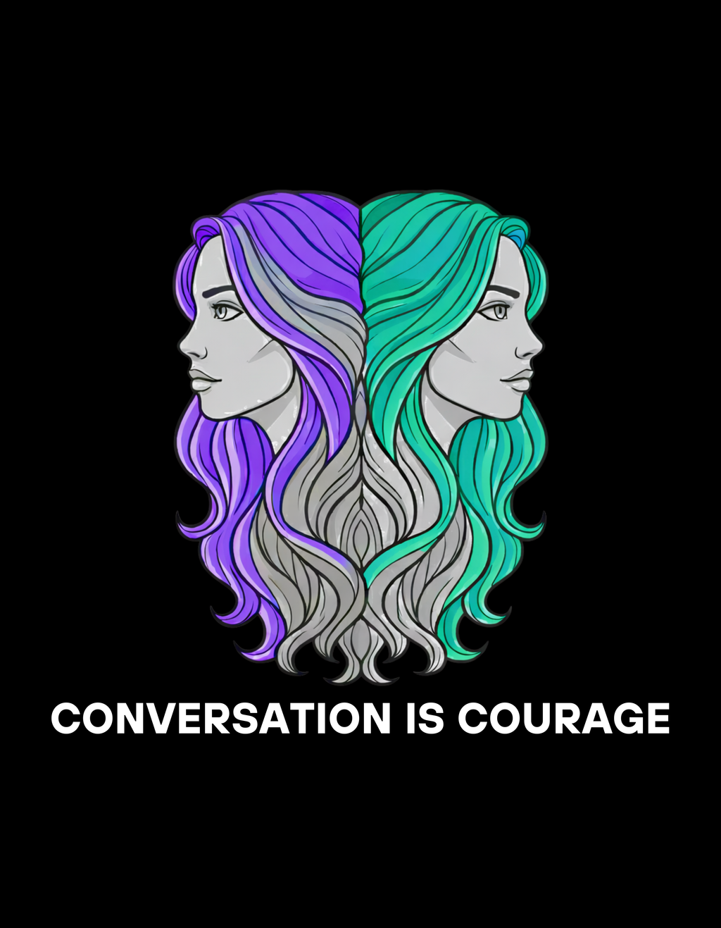 Two half-profile faces with purple and green hair, separated by a line, on a black background with 'CONVERSATION IS COURAGE' text.