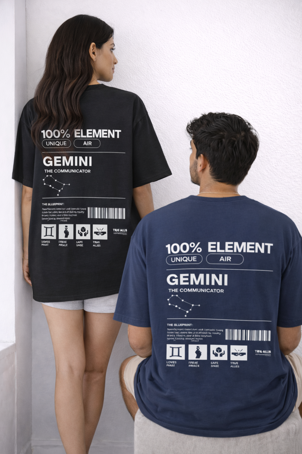 Two people wearing t-shirts with '100% Element' and 'Gemini' text on the back.