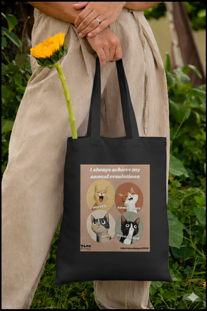 Person holding a black tote bag with cat illustrations and text, standing in a natural setting.