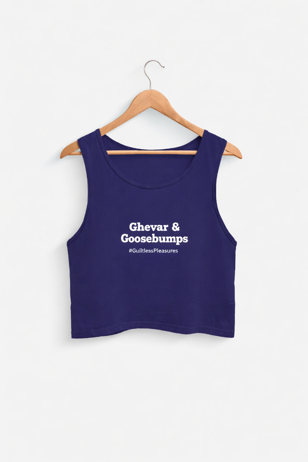 Purple tank top with text on a hanger against a white background