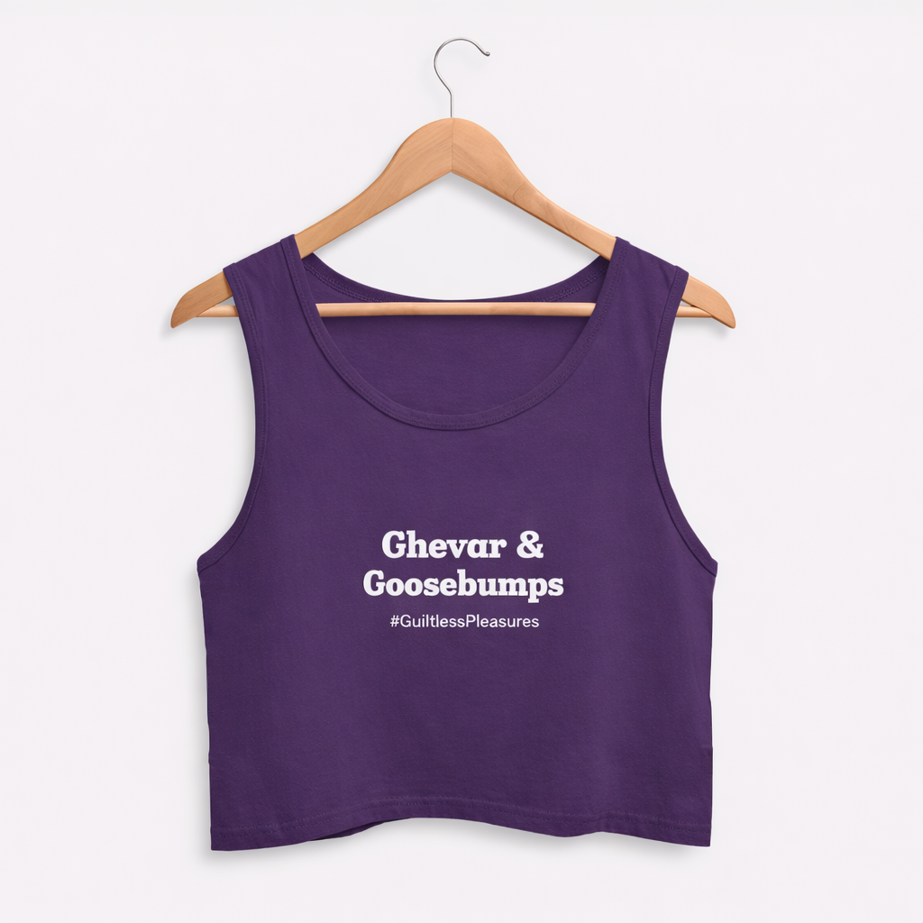 Purple tank top with text on a hanger against a white background