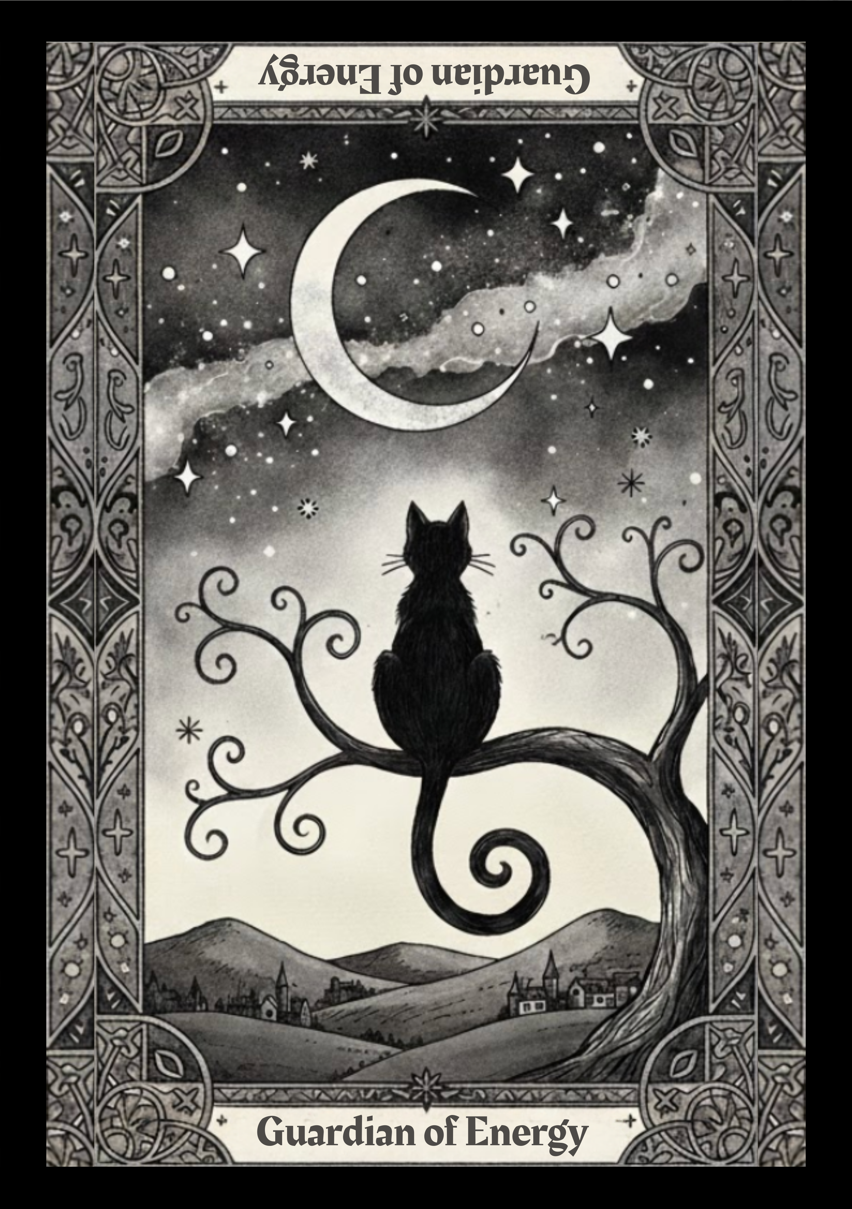 Black and white illustration of a cat sitting on a branch with a crescent moon and stars in the background, titled 'Guardian of Energy'.