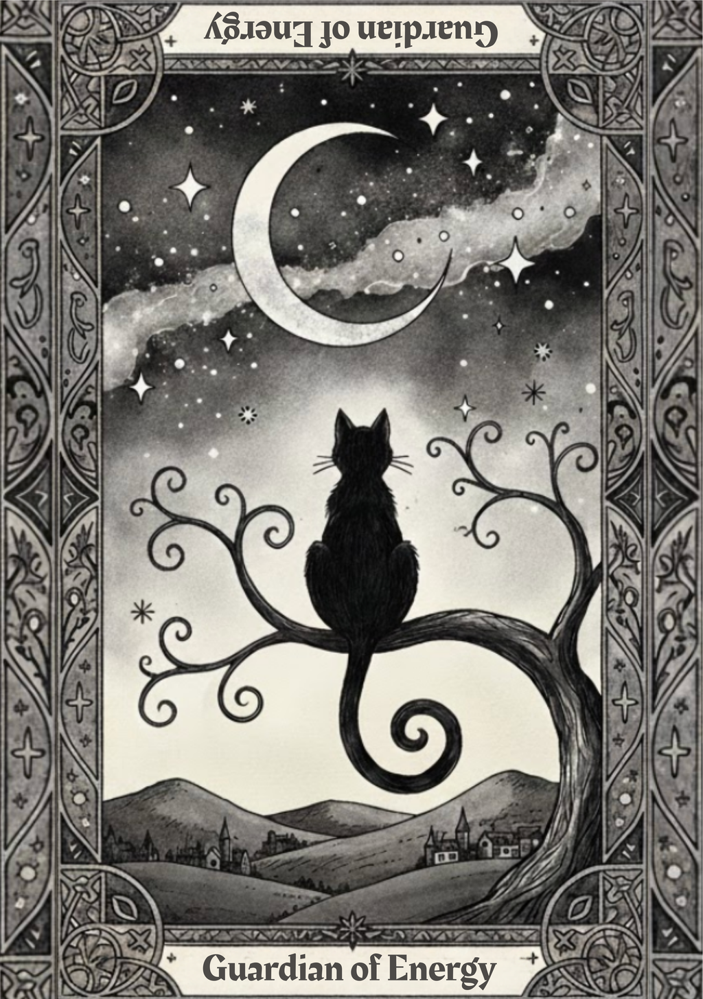 Black and white illustration of a cat sitting on a tree branch with a crescent moon and stars in the background, framed with decorative elements.